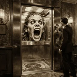 action scene sepia painting of a 1 9 2 0 s hotel horror elevator looking like a screaming face, clyde caldwell, h. p. lovecraft, atmospheric lighting, brooding, painted, intricate, ultra detailed, well composed, best on artstation, cgsociety, epic, horror, stunning, gorgeous, intricate detail, much wow, masterpiece, cinematic aesthetic octane render, 8 k hd resolution,