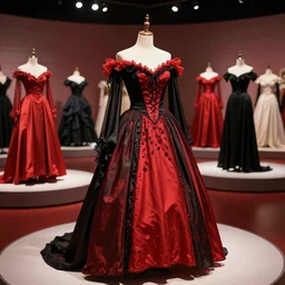 the film still photographed image is of a red and black reception honeymoon gown ensemble from the 1 9 8 0 s. the ensemble is inspired by a wine witch, and is featured in a museum. vibrant cinematography, anamorphic lenses, upscale, hyper realistic photo, crisp, detailed image in 8 k resolution.