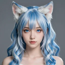 studio photographic portrait of a extremely beautiful aesthetic young cat girl and elves hybrid, symmetrical, long blue white wavy hair, sharp focus on the eyes, final fantasy, details, intricate, octane render, smooth face, illustration, hyperrealistic, by wlop and dmitry prozorov, artgerm, artstation, award winning,