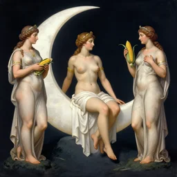 by emek golan casual. the computer art shows venus seated on a crescent moon. she is surrounded by the goddesses ceres & bacchus, who are both holding cornucopias.