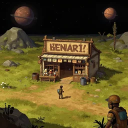 in front of a general store in a remote outpost, on an alien planet, from a space themed point and click 2 d graphic adventure game, set design inspired slightly by hg giger and tomb raider, art inspired by thomas kinkade and ( ( greg rutkowski ) )