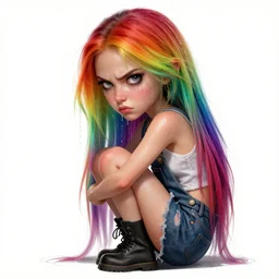 woman with rainbow hair, drunk, angry, soft eyes and narrow chin, dainty figure, long hair straight down, torn overalls, short shorts, combat boots, basic white background, side boob, wet shirt, wet, raining, highly detailed face, realistic face, beautiful detailed eyes, fantasy art, in the style of greg rutkowski, illustration, epic, fantasy, intricate, hyper detailed, artstation, concept art, smooth, sharp focus, ray tracing, vibrant,