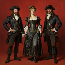 solomon joseph solomon and richard schmid and jeremy lipking victorian genre painting full length portrait painting of a young beautiful woman wearing gloves traditional german french actress model pirate wench in fantasy costume, red background