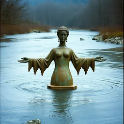 1 9 6 0 s vintage scanned color photo of a ancient rusty bronze sculpture in the middle of a river, image by werner herzog, tarkovsky