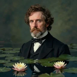 detailed cinematic moody colors studio portrait of a victorian gentleman in a victorian pond, water lilies, high quality by jeremy mann, only one head single portrait