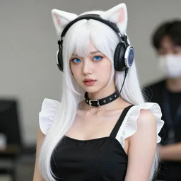 realistic detailed semirealism beautiful gorgeous cute Blackpink Lalisa Manoban white hair white cat ears blue eyes, wearing black camisole maid outfit, headphones, black leather choker full HD 4K high resolution quality WLOP, Aztodio, Taejune Kim, Guweiz, Pixiv, Instagram, Artstation