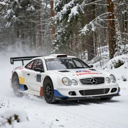 a 1 9 9 8 mercedes - benz clk - gtr, racing through a rally stage in a snowy forest