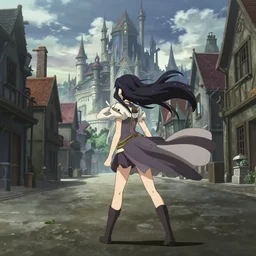 anime frames, anime visual, full body portrait of a young woman in the medieval city square looking at the fantasy palace in the distance, cute face by ilya kuvshinov, takami akai dynamic pose, dynamic perspective, rounded eyes, moody, psycho pass, kyoani, yoh yoshinari