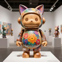 8 k octan, advertising, highly detailed, photo, a totally wooden figurine collectible art toys wooden on feet, funny very cute fat robot zen with cat ears, flowers graffiti colored cyberpunk, a contemporary art gallery, symetrical, masterpiece of art, nofinito, design showroom, dealership, indoor display, convention, exhibition