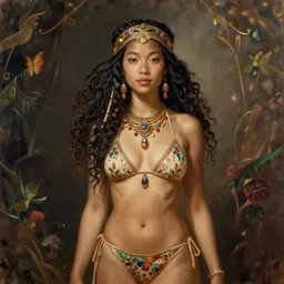 portrait of vintage hippie bikini asian african girl traveler greg manchess painting by sargent and leyendecker, studio ghibli, fantasy, medium shot, asymmetrical, intricate, elegant, matte painting, illustration, hearthstone, by greg rutkowski, by greg tocchini, by james gilleard, by joe fenton
