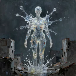 stunning, breathtaking, awe - inspiring award - winning biomorphic anthropomorpic transparent gelatinous humanoid splatter painting, abandoned city, extremely moody lighting