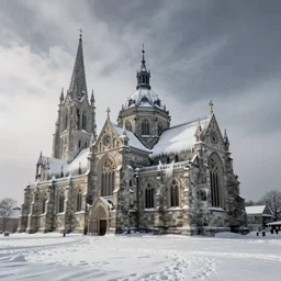a cathedral on a snowy plain with icicles forming on the roof. there is snow falling down from the sky which is overcast.