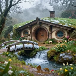 inside a medieval hobbit home, ornate, beautiful, atmosphere, vibe, mist, smoke, chimney, rain, wet, pristine, puddles, waterfall, melting, snow, creek, lush, ice, bridge, forest, flowers, akihiko yoshida
