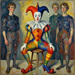portrait of an harlequin sitting on a stool, by vincent lefevre, egon schiele and hernan bas and pat steir and hilma af klint, psychological, photorealistic, symmetrical face, dripping paint, washy brush, rendered in octane, altermodern, masterpiece