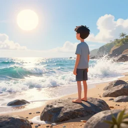 a boy is standing on a rocky beach, waves crashing, the sun shining bright, digital art, blender, unreal, 4 k, trending on artstation