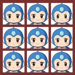 3 rows of 3 framed closeup anime face portraits of cute evil robots, in the style of mega man, inspired by osamu tezuka.