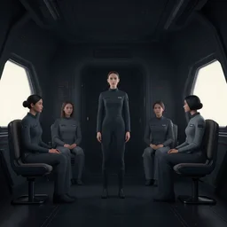 all - female crew in a minimalistic, dark spaceship, digital art.