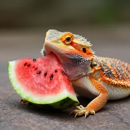 dslr portrait still of a bearded dragon eating a slice of watermelon, 8 k 8 5 mm f 1. 4