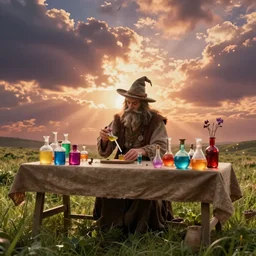 alchemist table, production of magical potions and elixir. colored bottles and flasks are on the table of the alchemist wizard. fantasy fairy tale, cinematic view, epic sky, detailed, concept art, low angle, high detail, warm lighting, volumetric, godrays, vivid, beautiful, trending on artstation, by jordan grimmer, huge scene, grass, art greg rutkowski