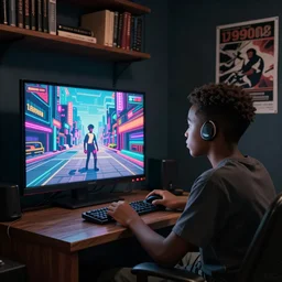 a black boy playing video - game in your dark room!!! ( 1 9 9 0 s ) with bookcases and posters, elegant digital art high detailed, volumetric light - s 1 5 0