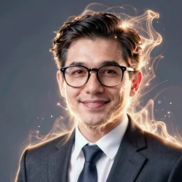 an ai made specifically to create tiktok videos about ai generated content made of energy but wearing a suit and thick rimmed glasses, photorealistic