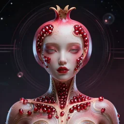 retrofuturistic portrait pomegranate humanoid, space graphics art in background, close up, wlop, dan mumford, artgerm, liam brazier, peter mohrbacher, 8 k, raw, featured in artstation, octane render, cinematic, elegant, intricate, 8 k