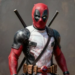 deadpool character in white red!!!, concept!!!, hyperrealistic, highly detailed, cinematic, volumetric sunlight, beautiful, cgssociety, artstation, 8 k, oil painting by greg rutkowski, by artgerm, by wlop