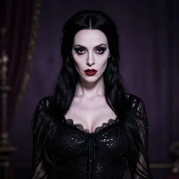 young woman, morticia addams, long black hair, short, flapper, vintage, creepy, beautiful, macabre