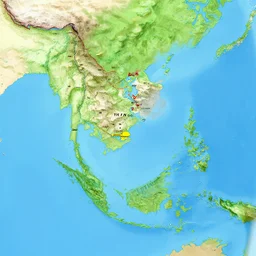 isometric view of mainland southeast asia, geographic map, zoom in thailand burma laos vietnam and cambodia, high - detail, high accuracy, in style of old map, fantasy,