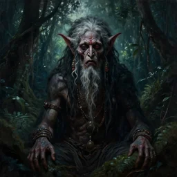 a dark gothic cinematic masterpiece oil painting portrait of an old indian tribal daemon god of fear sorrow despair and grief, midnight in jungle, by tim hildebrandt, by wayne barlowe, by zdzisław beksinski, trending on art - station, featured on pixiv, cinematic composition, beautiful lighting, sharp, hyper - detailed, no frames, hd, 8 k