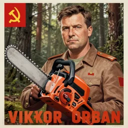 soviet propaganda poster of viktor orban chainsaw in a forest, highly detailed face