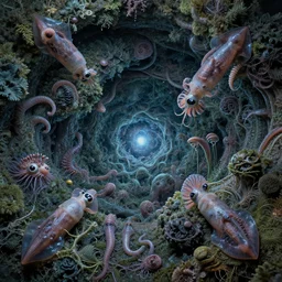 the omni, hatchlings, gelatinosis interwoven lush layered biomechanical, onscientia, phantastica, aliena, nudibranch, squidworm in symbiosi crusta, uspaceship nocturno pellucens, cerebri, mollis, exesa, artificia, vortices micro water,, fluida, by peter mohrbacher