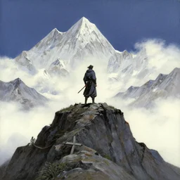painting of a lonesome warrior at the peak of himalayas, style of kentaro miura and conrad roset