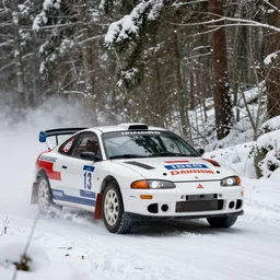 a 2 0 0 3 mitsubishi eclipse gts, racing through a rally stage in a snowy forest