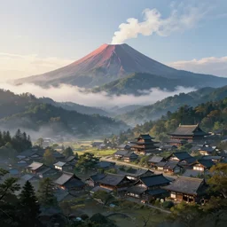 a powerful japanese village high in mountains, calm morning, fanart artstation global illumination rtx hdr fanart arstation 3 d, steaming volcano, concept art by greg rutkowski and laurie greasley, fantastic landscape, 8 k, cinematic color grading