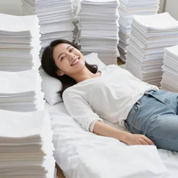 a photograph of a happy woman lying down. she is surrounded by piles and piles of sheets of paper. the sheets have paintings by artgerm and greg rutkowski and alphonse mucha on them