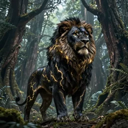 beautiful black lion with gold lightnings on the body inside an huge ancient forest, low angle, epic cinematic shot, sharp focus, hyperdetailed, artstation, cgsociety, 8k, illustration, by raphael lacoste and magali villeneuve