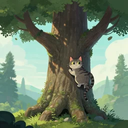 Cat climbing yggdrassil digital art