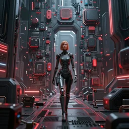 photo of a lone terminator woman with borg implants walking in a futuristic city in a dystopian future made of electronic components and looks like a giant pcb board. Very detailed 8k. Unreal engine 5 render with nanite, global illumination and path tracing. Cinematic post processing. Emphasize on the colors black and red.