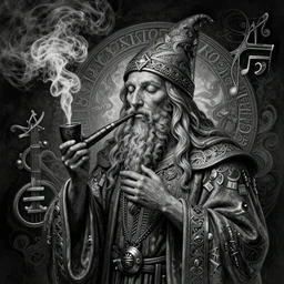 wizard smoking a pipe of godly music, music in the air, ancient, closed eyes, highly detailed, perfect proportions, highly intricate, art by tom bagshaw and alex gray