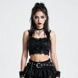 centered medium shot fine studio photograph of a hot Ukrainian goth raver girl, ultra-realistic, white background, 8k HDR dusk light, sweaty,