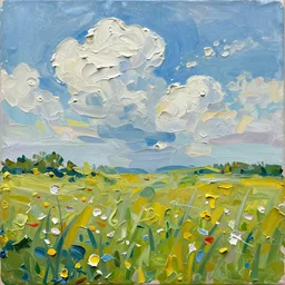 oil paint impasto reliefs of summer fields painted with thick heavy expressive paint and cumulus clouds, less thick expressive paint, some splattered paint