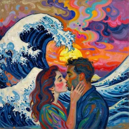 close view of woman and man kissing. tsunami great wave, sun setting through the storm clouds. iridescent, vivid psychedelic colors. painting by henri de toulouse - lautrec, utamaro, monet, gauguin