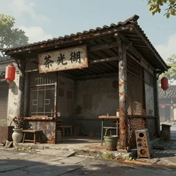 a concept art illustration, portrait, an empty asian shack biome in the middle of the street, a store with a mechanical rusty fence, low angle shot, style by dylan cole and feng zhu and wlop, unreal engine, trending in artstation, octane render, ultra sharp, 8 k