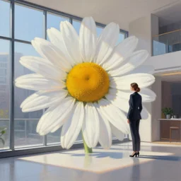 huge daisy flower head, woman in suit, standing next to modern window in luxury apartment solid floor, surreal photography, sunlight, impressionist painting, digital painting, artstation, simon stalenhag