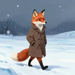an anthropomorphic fox wearing a long coat walking across a glacier, hands in pockets, blizzard, character illustration by Aaron Miller, Greg Rutkowski, thomas kinkade, Howard Pyle, disney, El Greco, Cynthia Sheppard