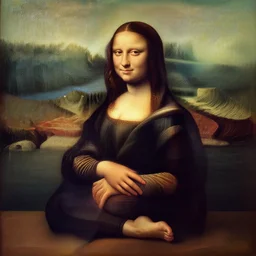 a portrait of a skinny young woman wearing workout clothes doing yoga near the lake, looks like mona lisa, renaissance oil painting, centered, masterpiece, award winning, sharp focus