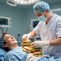 a photo of a doctor performing surgery on a person, pulling out large handfuls of hamburgers from the patient who looks relieved