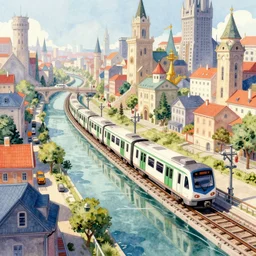an urban train rides inside of a waterway on a fantasy city. intricate, amazing composition, colorful watercolor, by ruan jia, by maxfield parrish, by marc simonetti, by hikari shimoda, by robert hubert, by zhang kechun, illustration, gloomy, volumetric lighting