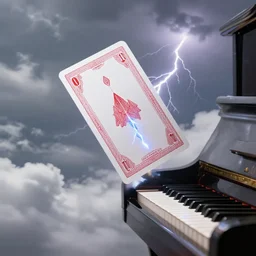 playing card floating around a piano in the sky, realistic, epic lighning, photo, cloudy, coherent, realistic clouds, realistic shaders, good piano, modern photo.
